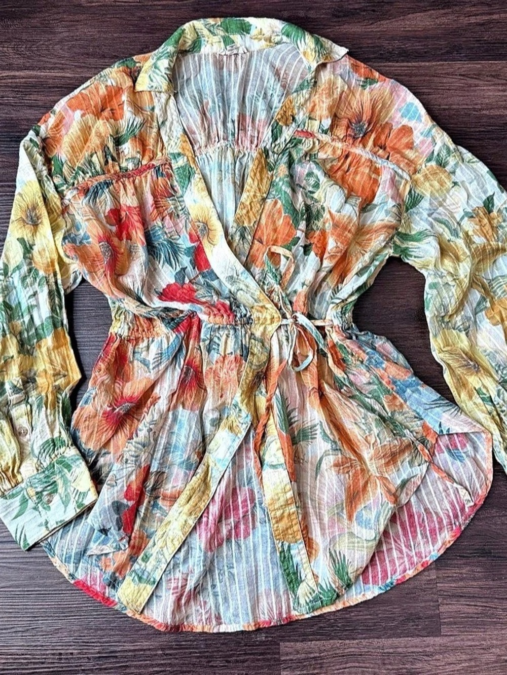 Pilcro Anthropologie Blouse Floral Wrap Tunic Orange Yellow Long Sleeve Med Boho